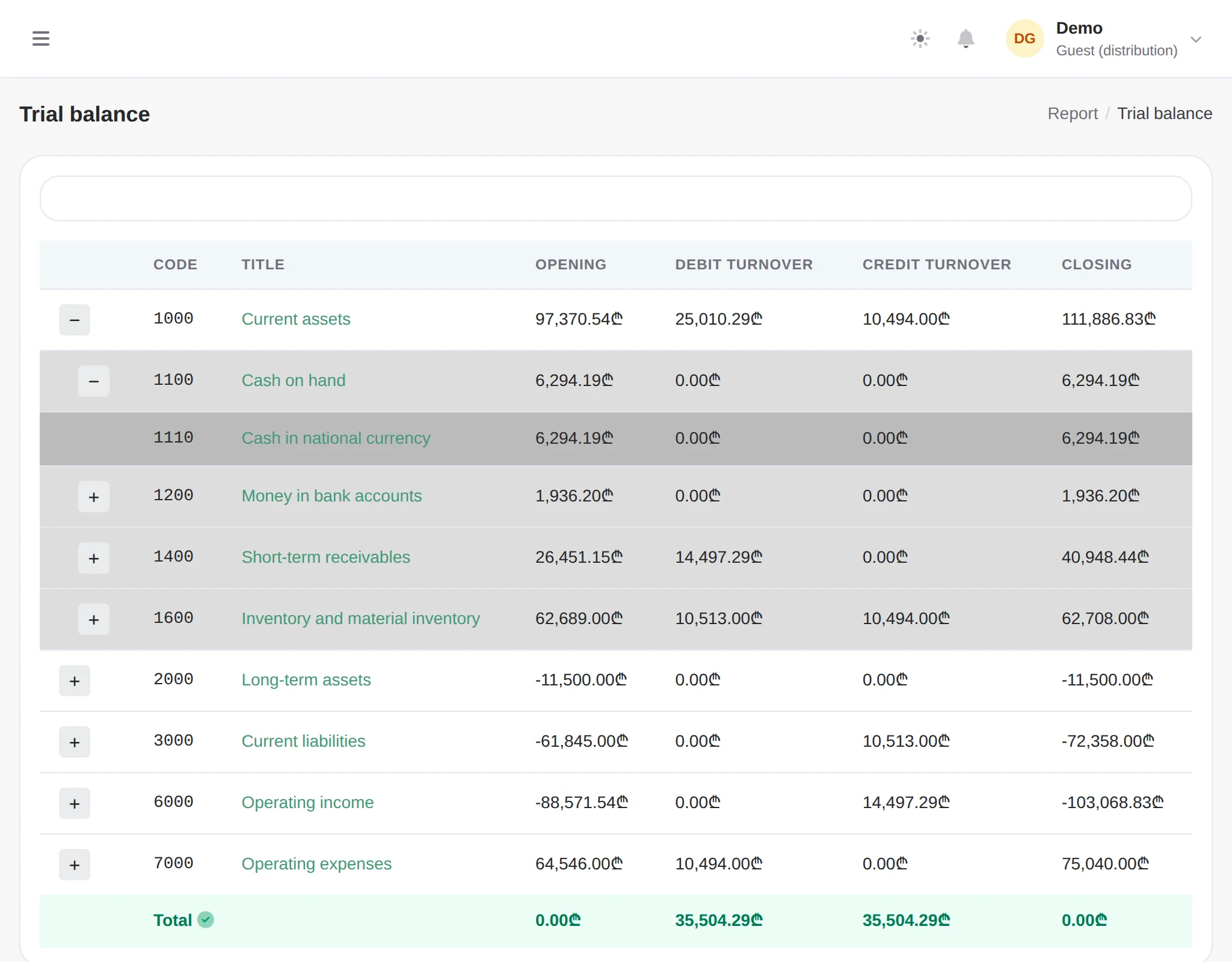 Rilven trial balance drilling down from an account to the documents behind it